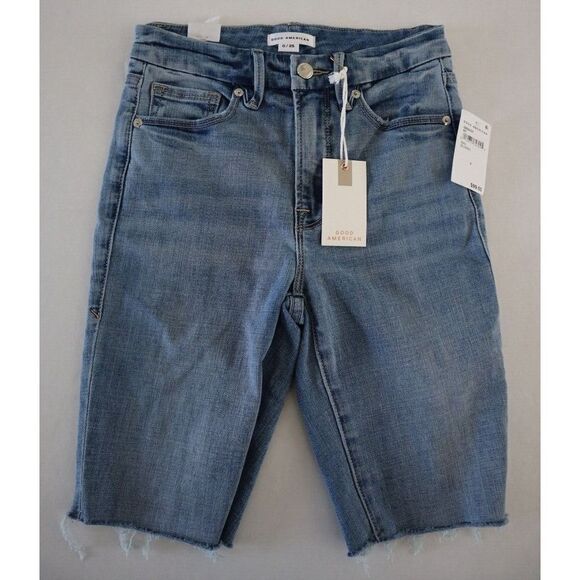 Good American GBS075T Women's Sz 0/25 Blue Bermuda Shorts w/ Frayed Hemline $99+ - Picture 1 of 8